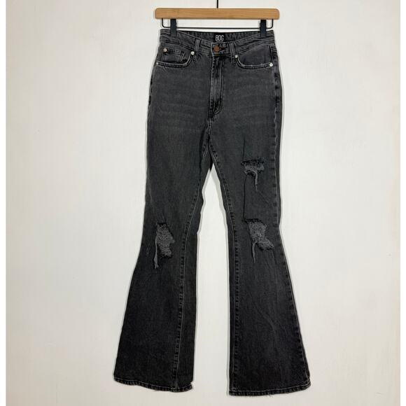 BDG Black Denim Jeans High Rise Flare Size 25 Distressed Ripped Festival Boho - Picture 1 of 10